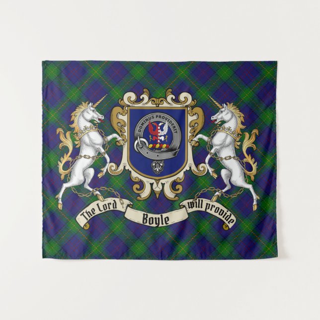 Tapiz Boyle Clan Badge & Unicorns con Tartán (Anverso (horizontal))