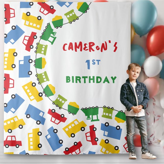 Tapiz Boys Toyys Transport Birthday Party Foto de fondo (Boys Toys Colorful Transport Birthday Party Photo Backdrop Tapestry @ zazzle.com/fatfatin_mini_me)