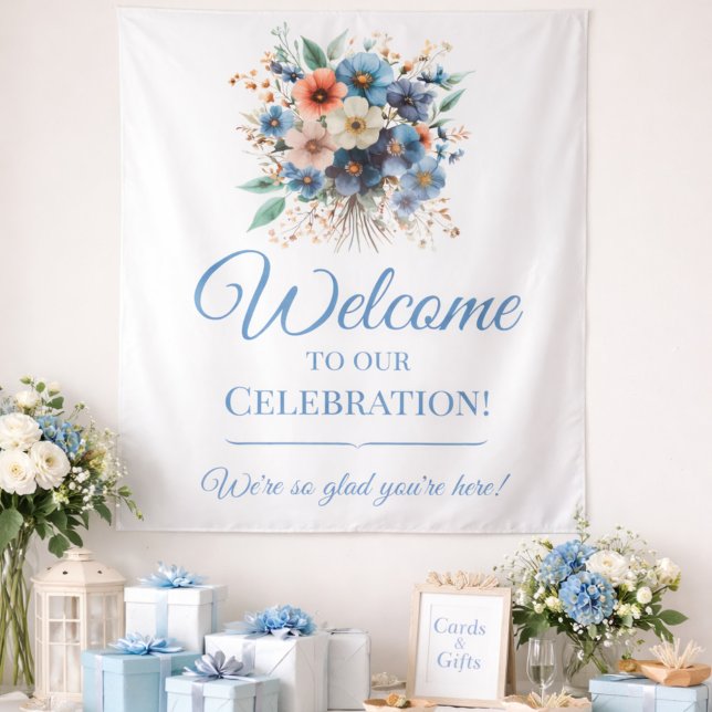 Tapiz Bridal Shower Welcome Sign Blue Floral Event Sign (Subido por el creador)