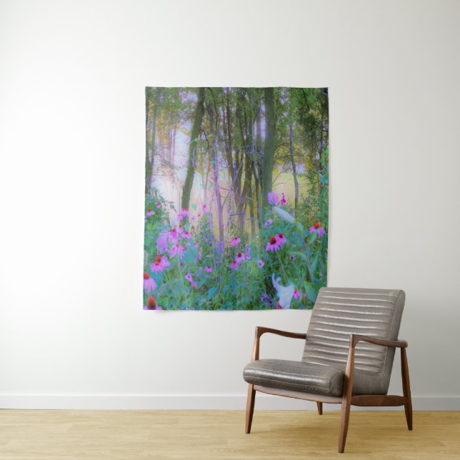 Tapiz Brillante amanecer con flores rosas en mi jardín (In situ)