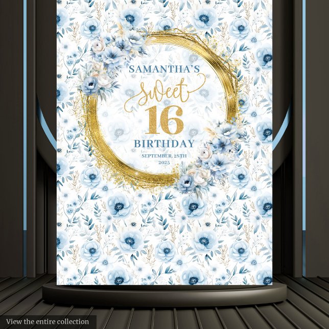 Tapiz Brillante Dorado de Cumpleaños Dulce 16 Azul (Custom Pastel Blue Sweet 16 Gold Glitter Tapestry Decor)