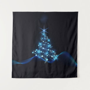 Tapiz Brillo azul de estrellas en árbol de Navidad oscur