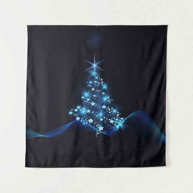 Tapiz Brillo azul de estrellas en árbol de Navidad oscur (Anverso)