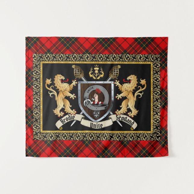 Tapiz Brodie Clan Badge & Motto con Leones (Anverso (horizontal))