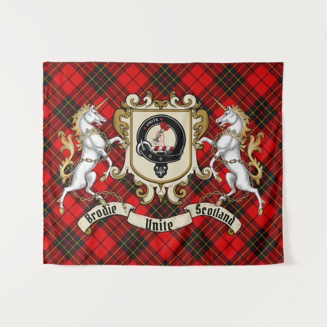 Tapiz Brodie Clan Badge & Unicorns con Tartán (Anverso (horizontal))