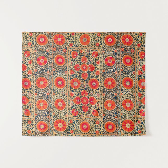 TAPIZ BROIDERÍA UZBEKA FLORAL ROJA NARANJA ANTIGUO (Anverso (horizontal))