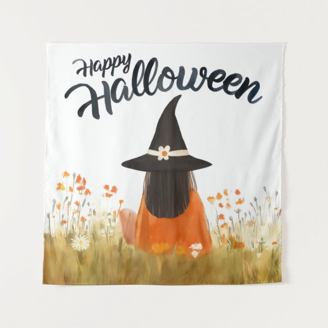 Tapiz Bruja de Halloween en Campo de Flores (Anverso)
