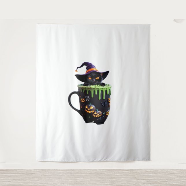 Tapiz Bruja Gato Halloween Café Mug - Gato negro lindo w (Anverso)