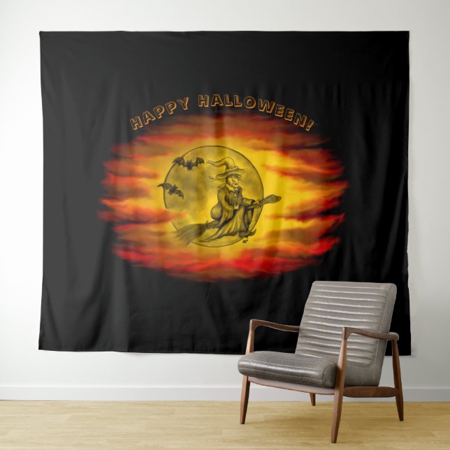 Tapiz Bruja voladora con gato negro, noche de halloween (In situ (horizontal))