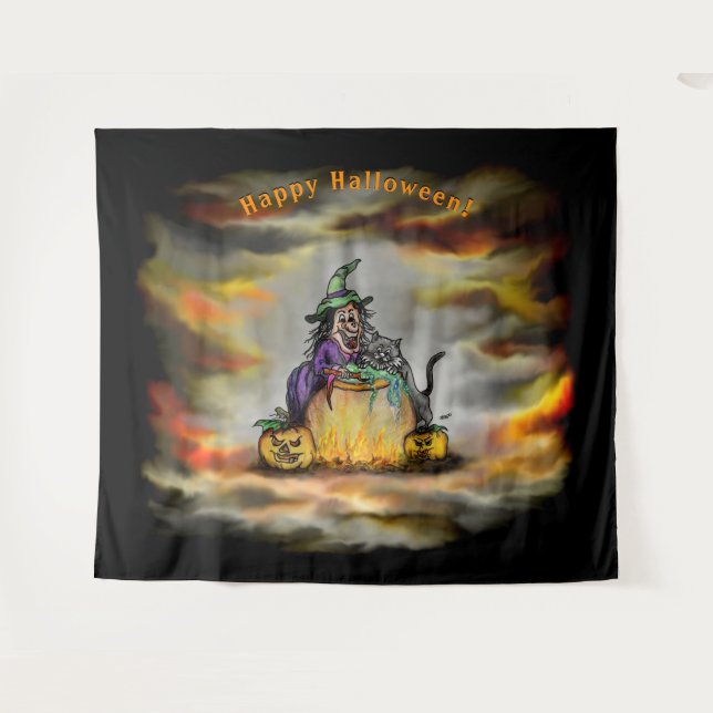 Tapiz Bruja y gato negro, ¡Feliz Halloween! (Anverso (horizontal))