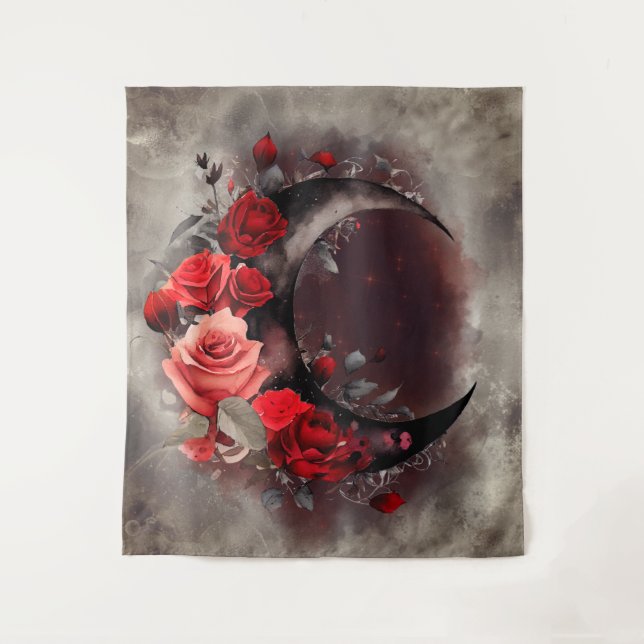 Tapiz Brujería | Luna Crescent con rosas rojas góticas (Anverso)
