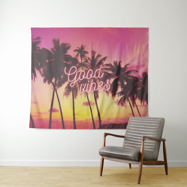 Tapiz Buenas Vibes Tropical Rosa Sunset Beach Palm Tree (In situ (horizontal))