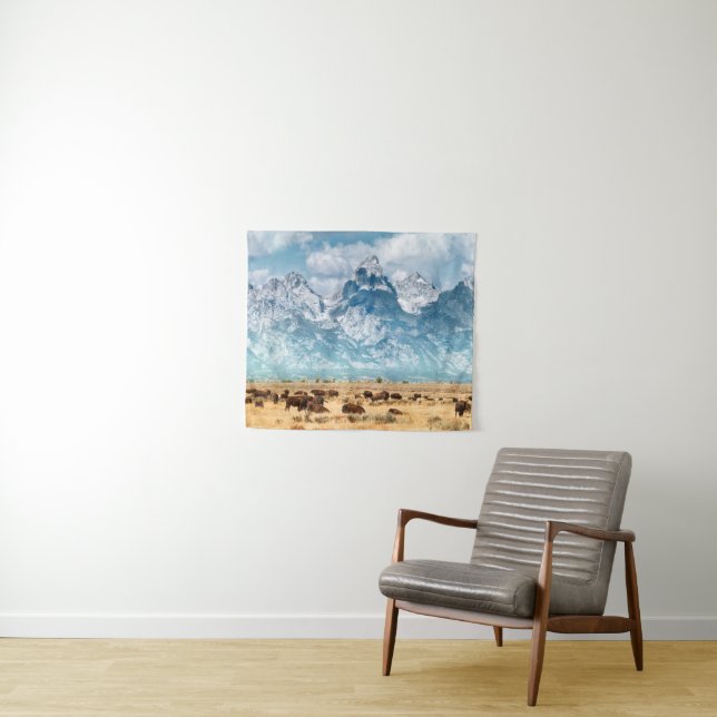 Tapiz Búfalo debajo de las montañas magníficas de Teton (In situ (horizontal))