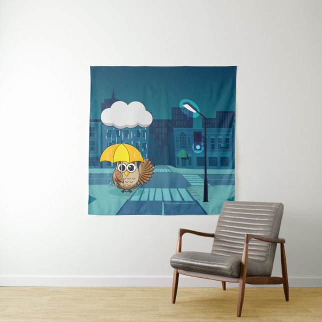 Tapiz Búho lindo con paraguas en el día de lluvias (In situ)