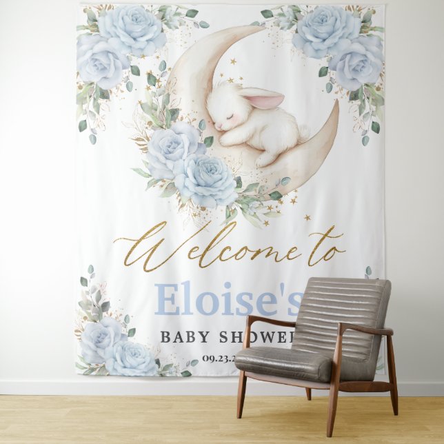 Tapiz Bunny Rabbit Blue Floral Moon Baby Shower Welcome  (In situ)