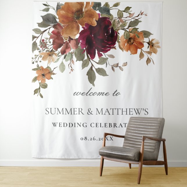 Tapiz Burgundy Burnt Orange Rust Floral Wedding Backdrop (In situ)