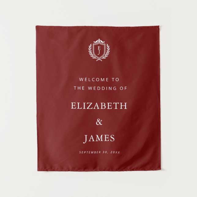 Tapiz Burgundy Crest Wedding Welcome, Custom Initials (Anverso)