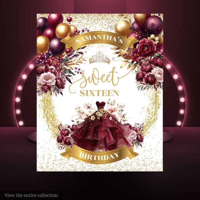Tapiz Burgundy Gold Sweet 16 Flores acuáticas fondo (Burgundy Gold Sweet 16 Backdrop Watercolor Flowers)