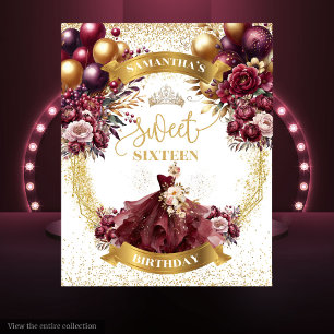 Tapiz Burgundy Gold Sweet Dieciséis Banner Balloons Glit