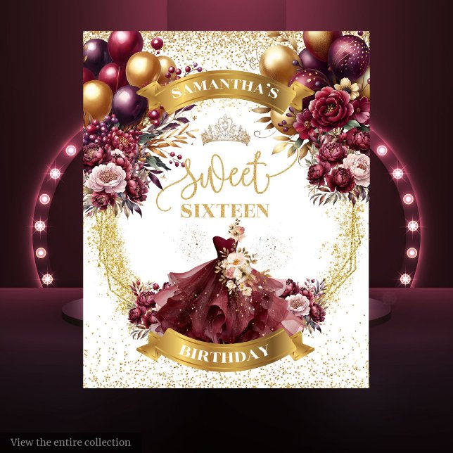Tapiz Burgundy Gold Sweet Dieciséis Banner Balloons Glit (Burgundy Gold Sweet Sixteen Banner Balloons Glitter)