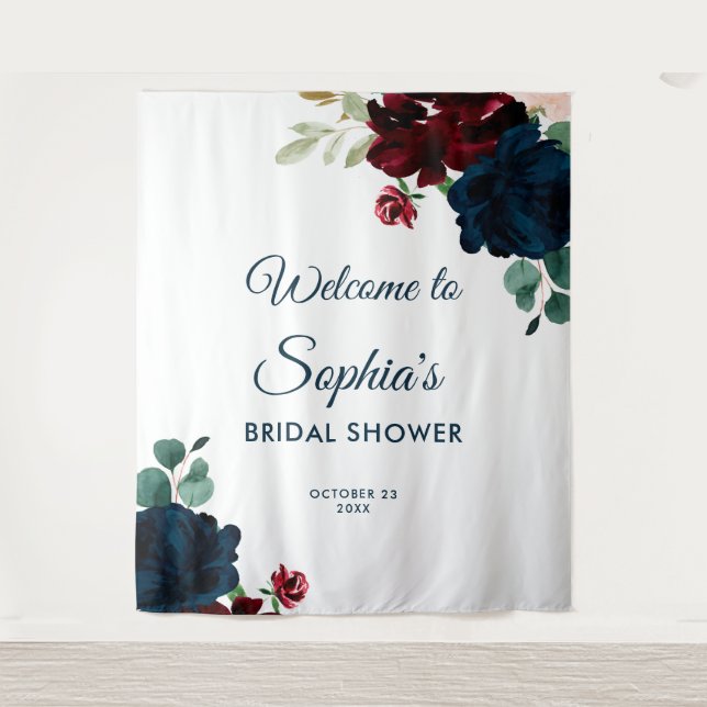 Tapiz Burgundy & Navy Blue Flowers Rustic Bridal Shower (Anverso)