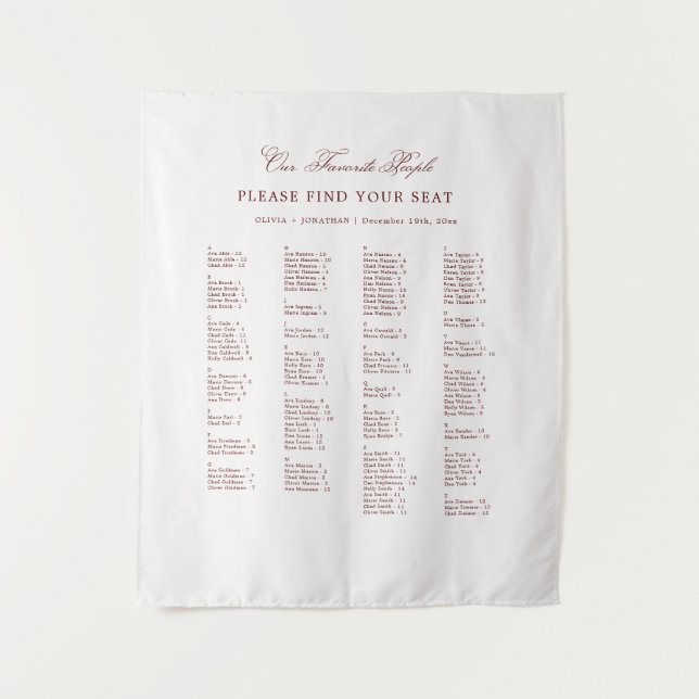 Tapiz Burgundy Wedding Seating Chart Alphabetical Fabric (Anverso)