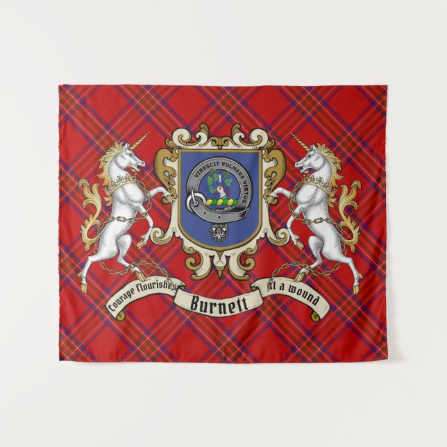 Tapiz Burnett Clan Badge & Unicorns con Tartán (Anverso (horizontal))