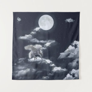 Tapiz Caballo alado blanco volando en el cielo con luna 