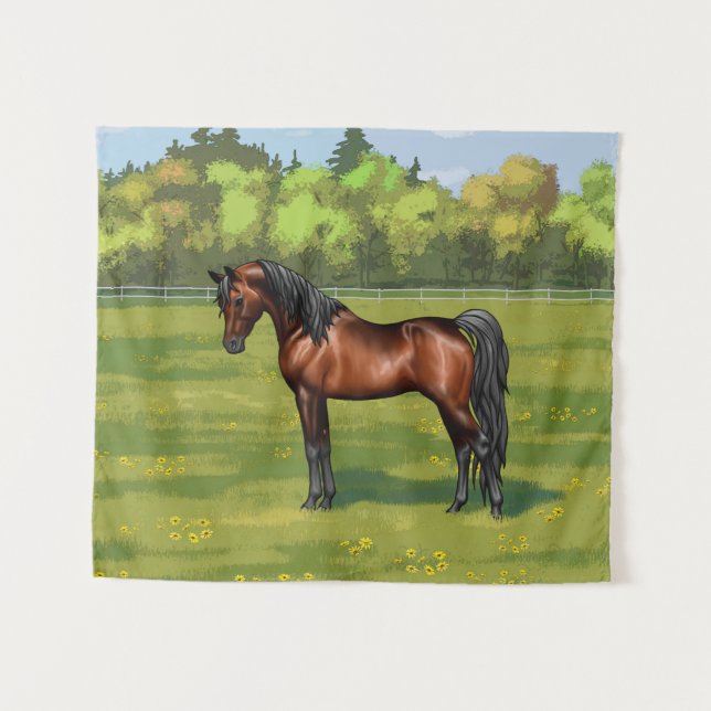 Tapiz Caballo árabe egipcio de Dark Bay en pastura de ve (Anverso (horizontal))