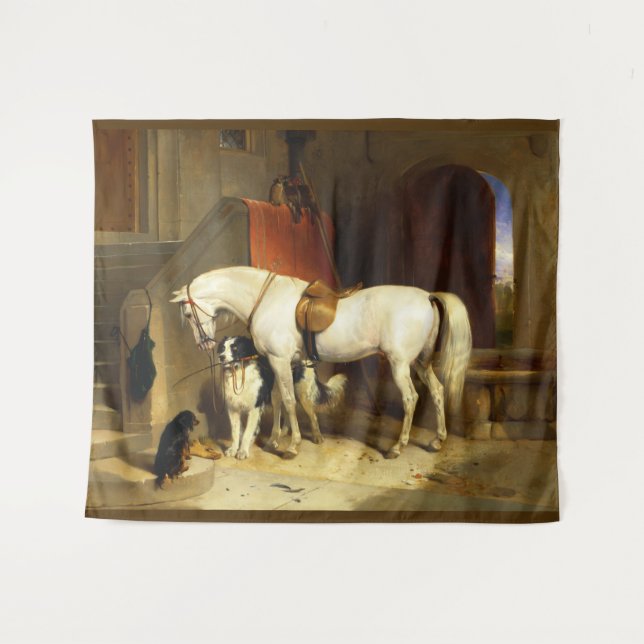 TAPIZ CABALLO BLANCO CON PERROS Y FALCONS EN ESTABLE (Anverso (horizontal))