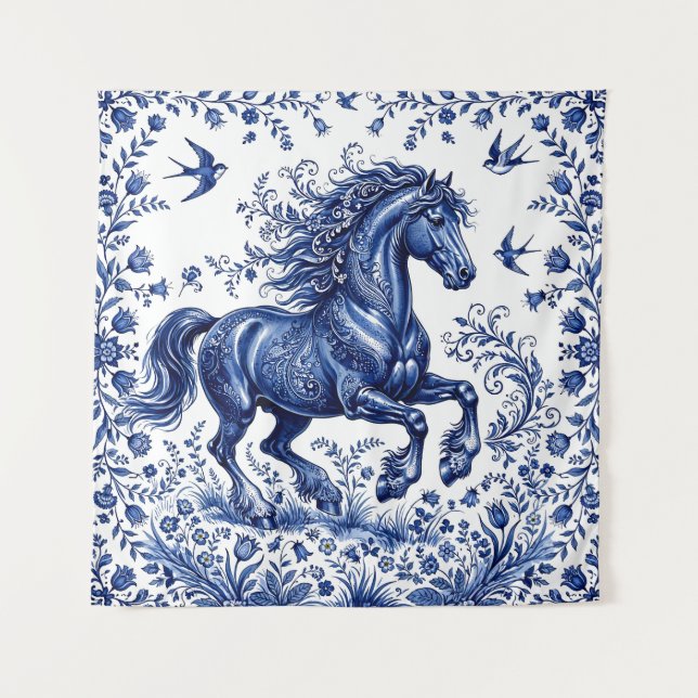 Tapiz Caballo frisón al estilo Delftware en prado (Anverso)