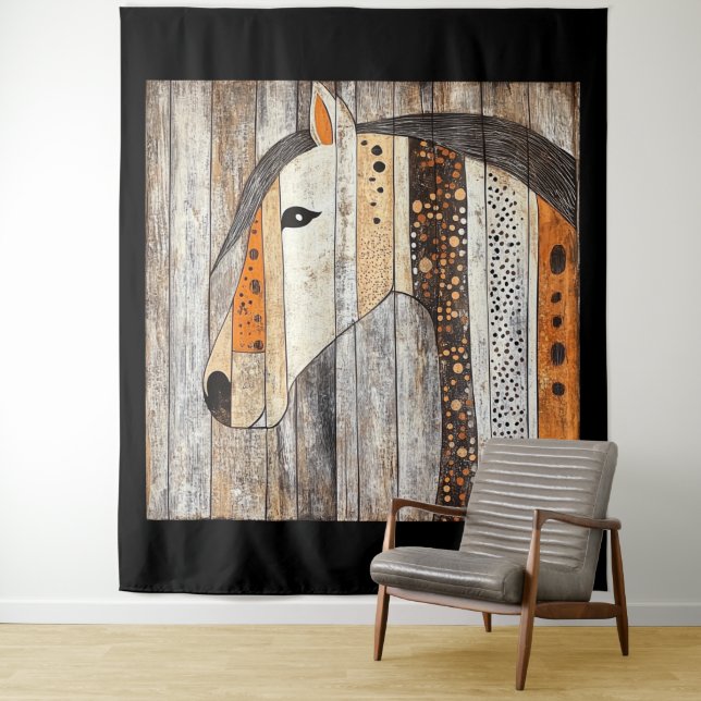 Tapiz Caballo geométrico boho de grano de madera rústico (In situ)