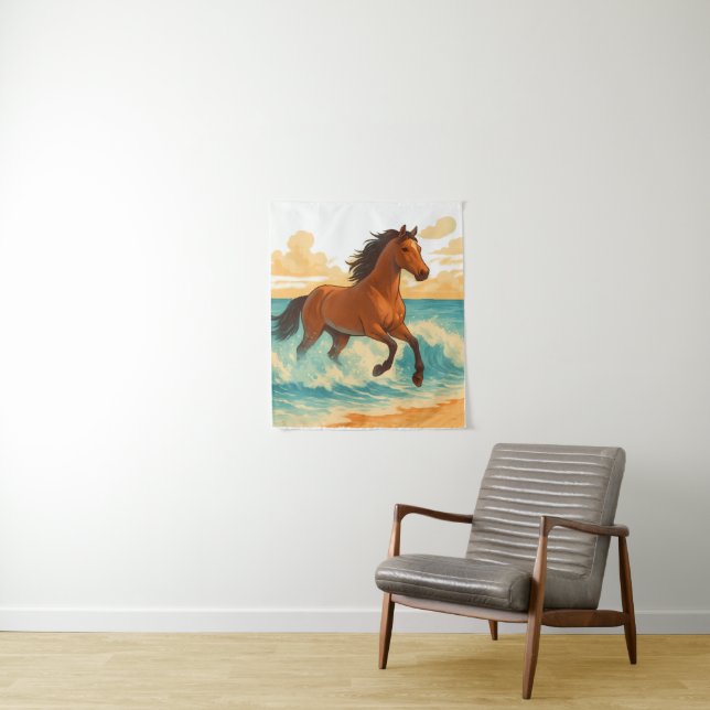 Tapiz Caballo Majestuoso Elevándose del Poder del Mar y  (In situ)