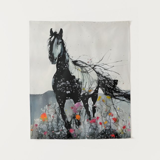 Tapiz Caballo negro con flores silvestres (Anverso)