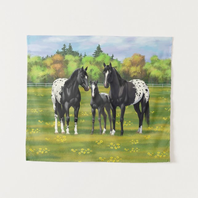 Tapiz Caballos Appaloosa Negros En Pastel De Verano (Anverso (horizontal))