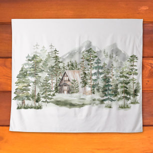 Tapiz Cabaña de acuarela en el bosque de madera de pino 