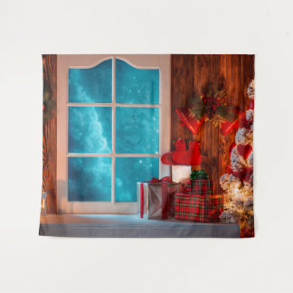 Tapiz Cabaña del árbol de Navidad invierno fondo de Navi