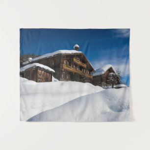 Tapiz Cabañas de madera tradicionales en la nieve