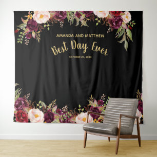 Tapiz Cabina de Fotos Bodas Floral Borgoña Dorado Negro