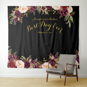 Tapiz Cabina de Fotos de Boda Floral Burdeos Negro Oro