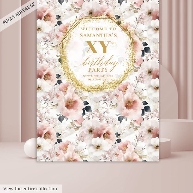 Tapiz Cabina de Fotos de Cumpleaños con Flores Polvorien (Graceful Dusty Pink Floral Birthday Photo Booth Tapestry)