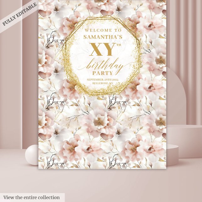 Tapiz Cabina de Fotos de Cumpleaños con Flores Rosadas S (Sophisticated Blush Floral Birthday Photo Booth Tapestry)