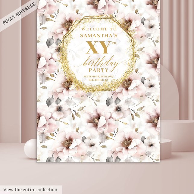 Tapiz Cabina de Fotos de Cumpleaños Rosa Chic Floral Mar (Chic Blush Floral Ivory Gold Birthday Photo Booth Tapestry)