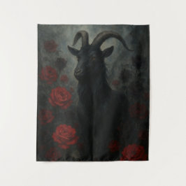 Tapiz Cabra negra gótica con rosas rojas arte oscuro