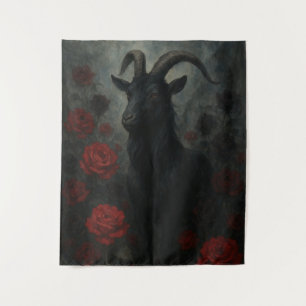 Tapiz Cabra negra gótica con rosas rojas arte oscuro
