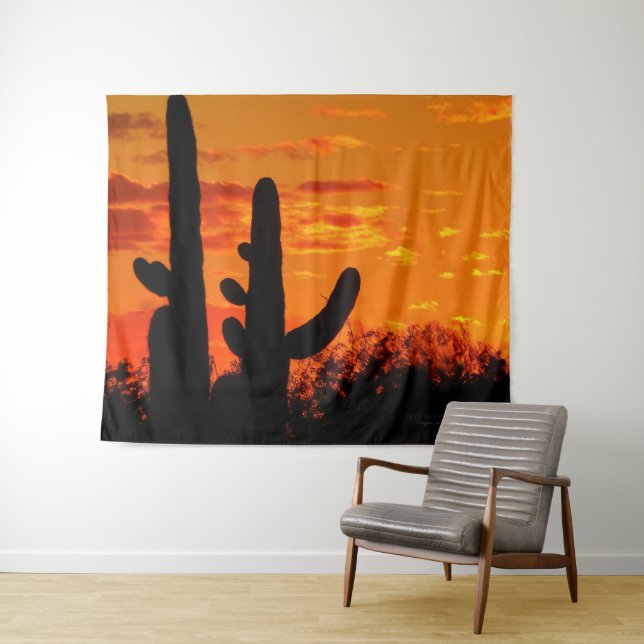 Tapiz Cacti De Arizona Saguaro Con Sunset Naranja Lumino (In situ (horizontal))