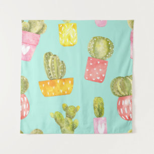 Tapiz Cacti espinoso en ollas, patrón de acuarela.