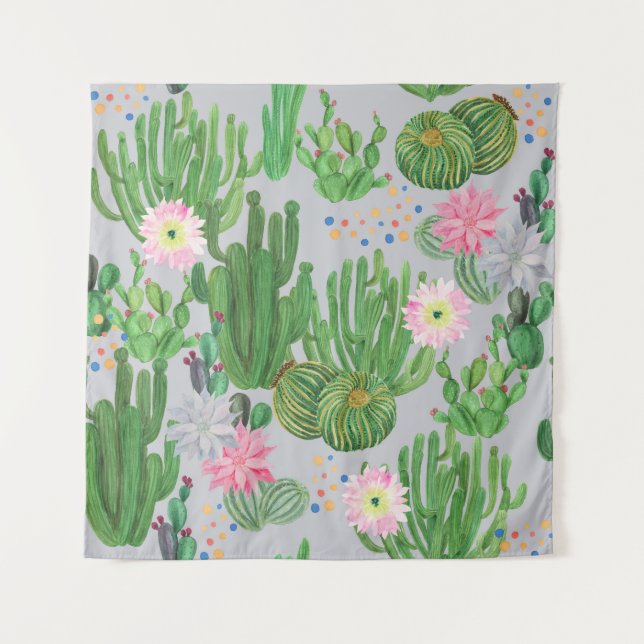 Tapiz Cactus y flores, pintura acuarela sin costura. (Anverso)