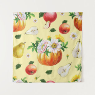 Tapiz Calabaza, crisantemo: ilustracion de fruta otoñal.