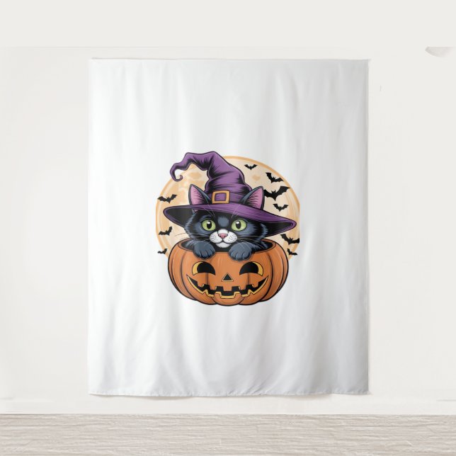 Tapiz Calabaza de Halloween Gato negro camiseta sobredim (Anverso)
